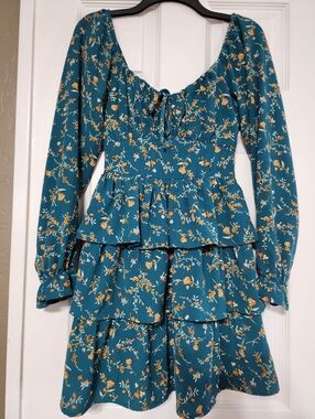 Teal Floral Tiered Long-Sleeve Mini Dress